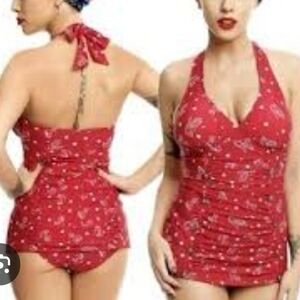 Hot Topic Skull RETRO RED 1PC SWIM SUIT SWIMSUIT SM Anchor Swallows Cherries